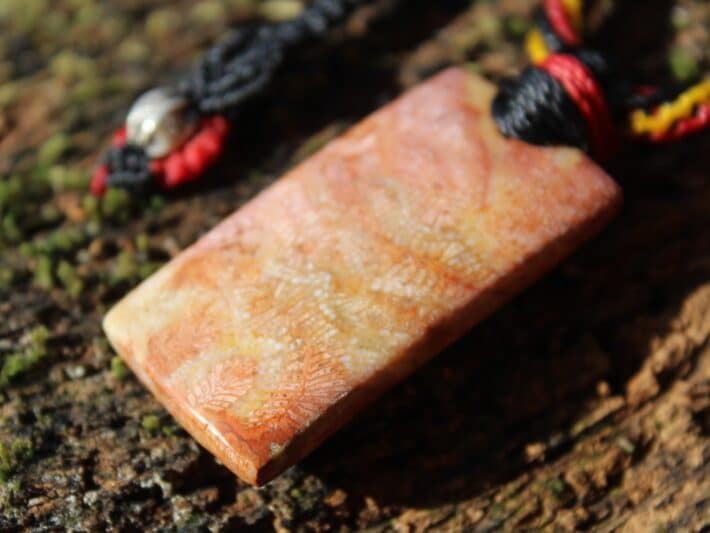 Indigenous CORAL FOSSIL Pendant crystal Necklace, Ancient Gemstone Jewelry, Australian Made Macrame Cord, Aboriginal colours Talisman