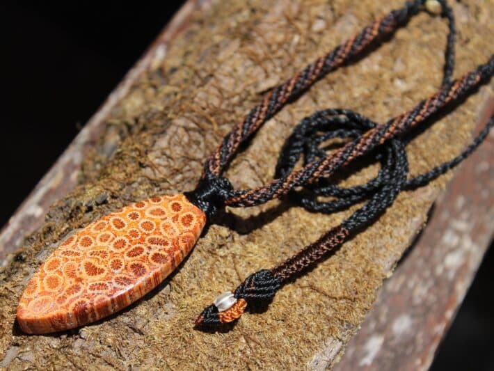 Red CORAL FOSSIL Pendant, Orange Slice Vegan crystal Necklace, Ancient Gemstone Jewelry, Australian Made Macrame Cord Talisman