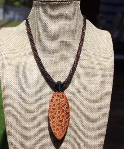 Red CORAL FOSSIL Pendant, Orange Slice Vegan crystal Necklace, Ancient Gemstone Jewelry, Australian Made Macrame Cord Talisman
