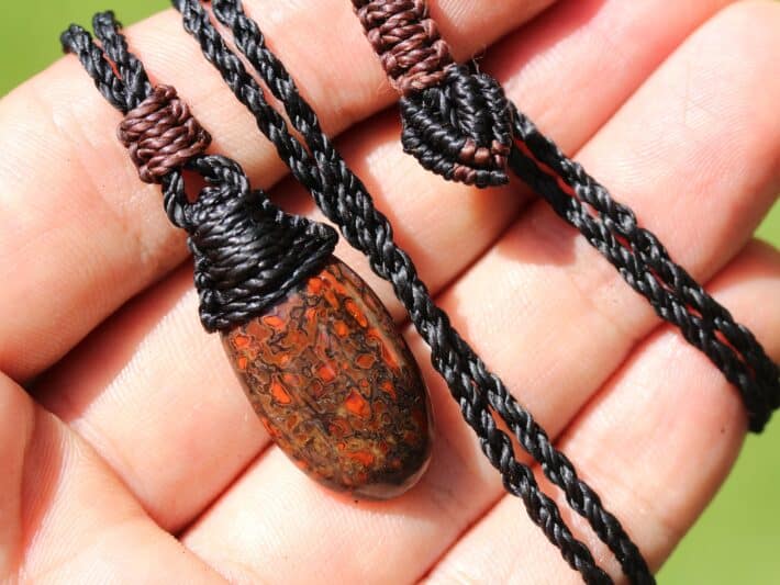 Fossilized dinosaur bone necklace, Australian made macrame cord, reiki crystal healing stone elven jewellery, unique statement red pendant