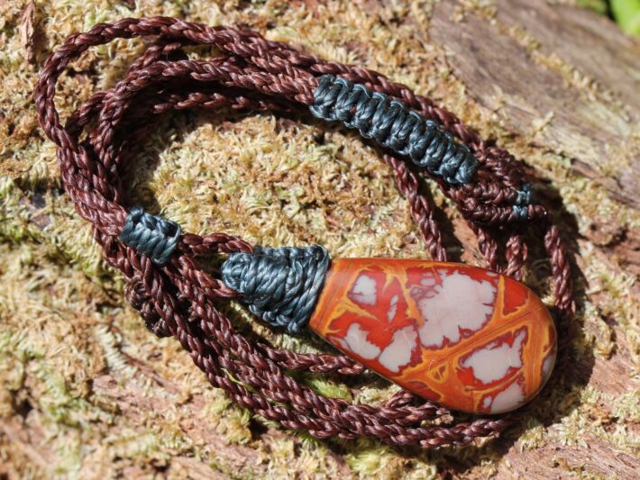Australian noreena jasper necklace, australian made thin macrame cord, red stone tribal healing jewelry, may birthstone, tribal pendant