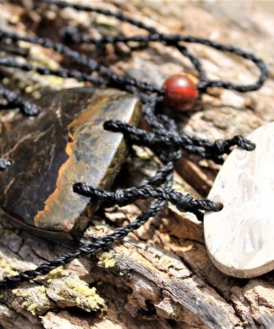 Black Opal, Coral Pendant necklace, ethically sourced unique earthy tribal talisman, Australian made macrame cord, black and white stone