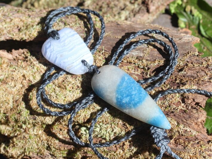 Blue Lace Agate necklace , Dumortierite in quartz pendant, Australian made Macrame Cord summer jewelry gift, natural stone crystal necklace