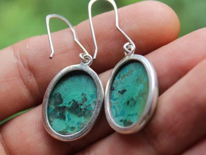 Australian Silver Chrysocolla Earrings, Australian handmade crystal healing jewelry, Unique natural gemstone earrings , Blue stone talisman