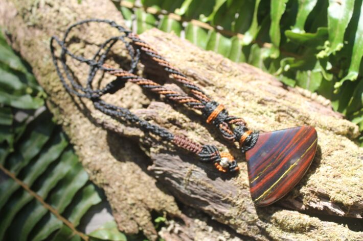 Australian Tiger Iron Pendant, Australian made macrame cord,Artisan cut and polished Tiger Eye,Earthy Tribal tigereye Necklace talisman