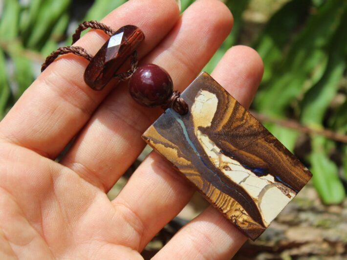 Australian boulder opal necklace ,australian red tigereye pendant and Mookaite jasper,australian made macrame cord summer jewelry gift