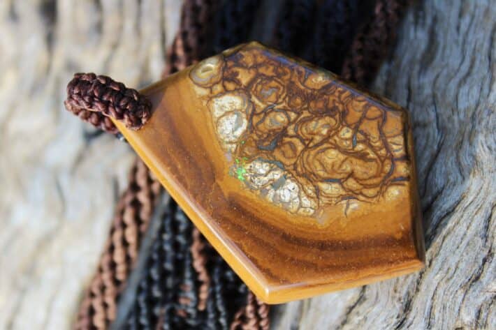 Boulder Opal Art Pendant, Genuine Australian Opal Macrame Necklace, Elven Rustic Style jewelry