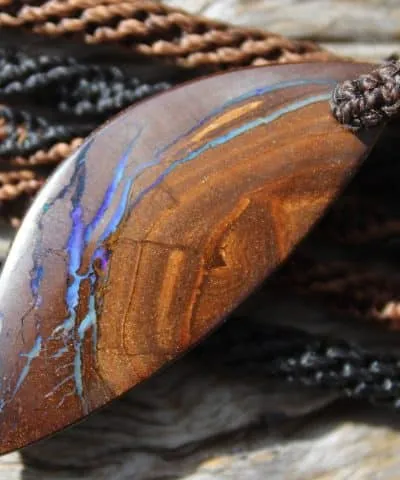 Blue Purple Boulder Opal Pendant Necklace. Leaf Shape with Shibari Macrame Cord