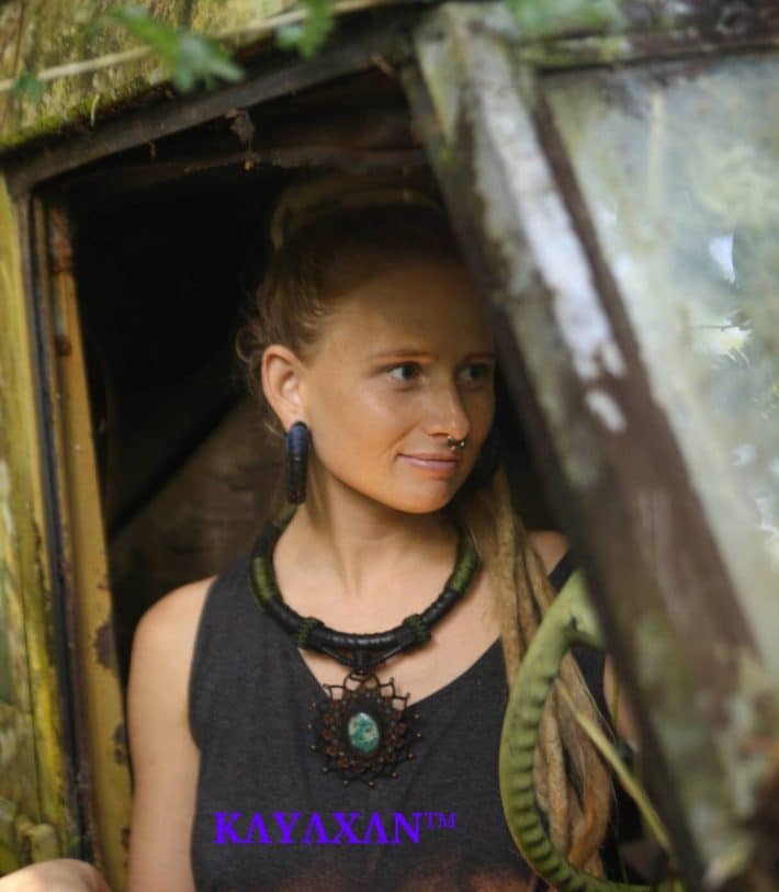 Chrysocolla Inner Tube, KayaXan Amulet Upcycle Rubber Necklace,NeoTribal Fashion Recycle Burningman Jewelry,Eco Vegan Celtic Larp viking