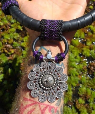 Silver Tribal, Cyberpunk Shibari BlackSUN Tribal Amulet CyberPunk Upcycle Necklace, SteamPunk Dark NeoTribal Burningman Viking clothing Larp