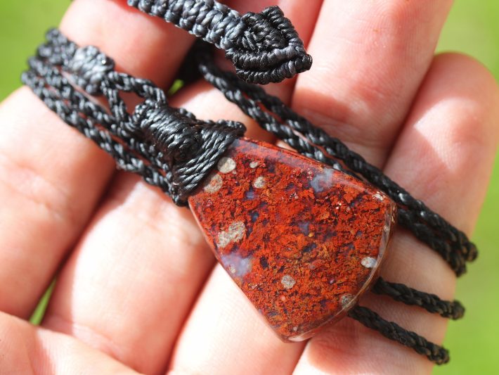 Red Moss Agate Pendant, Macrame cord, medieval necklace,beachy beach jewelry, summer jewelry, surfer necklace,Healing Stone, Celtic Viking