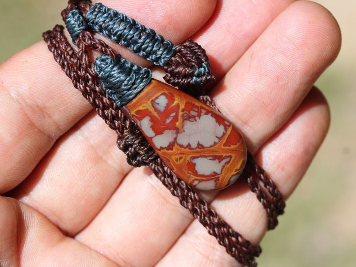 Australian noreena jasper necklace, australian made thin macrame cord, red stone tribal healing jewelry, may birthstone, tribal pendant