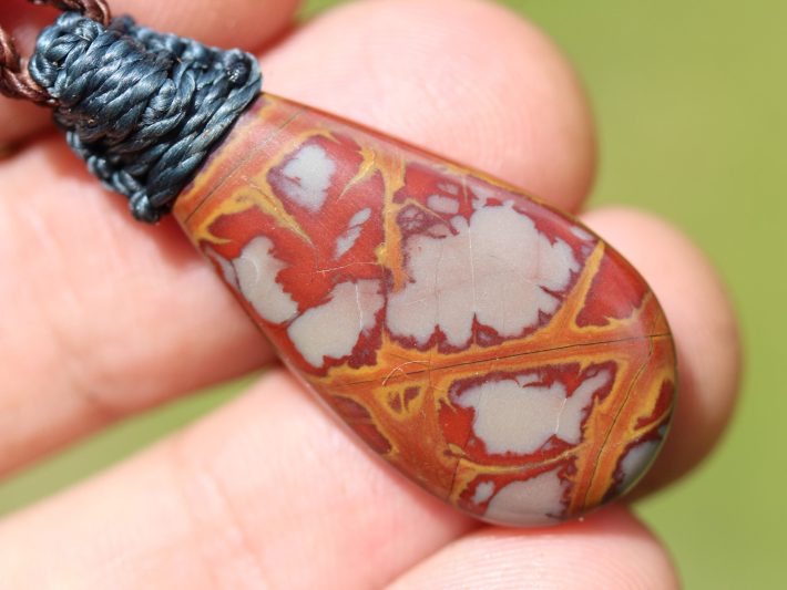 Australian noreena jasper necklace, australian made thin macrame cord, red stone tribal healing jewelry, may birthstone, tribal pendant