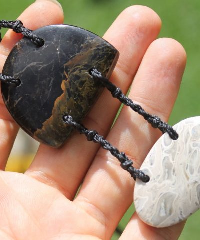 Black Opal, Coral Pendant necklace, ethically sourced unique earthy tribal talisman, Australian made macrame cord, black and white stone