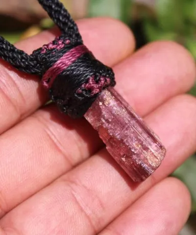 Pink Tourmaline Necklace, Australian made macrame cord, October Birth Stone, Heart Chakra pink stone raw crystal yoga jewelry