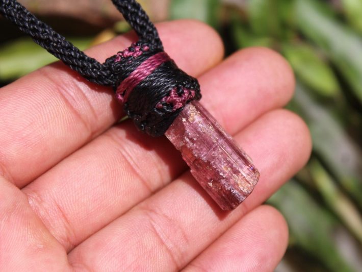 Pink Tourmaline Necklace, Australian made macrame cord, October Birth Stone, Heart Chakra pink stone raw crystal yoga jewelry