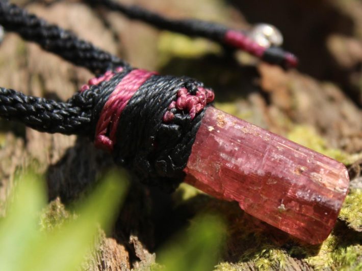 Pink Tourmaline Necklace, Australian made macrame cord, October Birth Stone, Heart Chakra pink stone raw crystal yoga jewelry