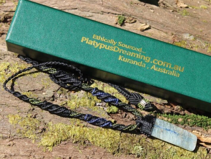 Australian Gem OCEAN INDIGO KYANITE,Australian Blue Kyanite Necklace, Platypus Dreaming Australian made Macrame Cord, Australian Seller