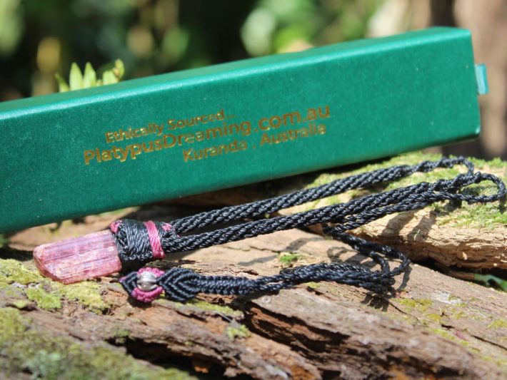 Pink Tourmaline Necklace, Australian made macrame cord, October Birth Stone, Heart Chakra pink stone raw crystal yoga jewelry