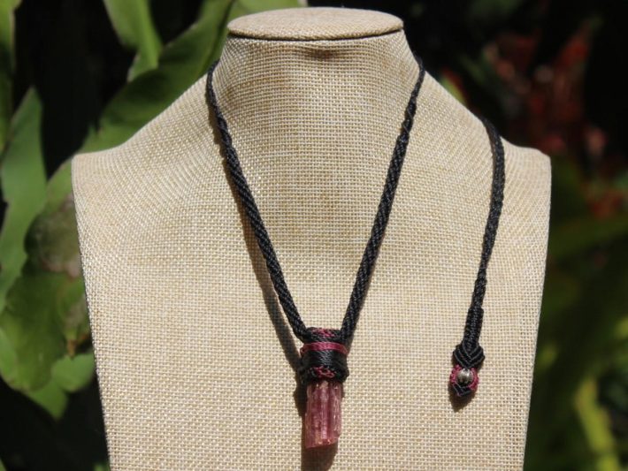 Pink Tourmaline Necklace, Australian made macrame cord, October Birth Stone, Heart Chakra pink stone raw crystal yoga jewelry