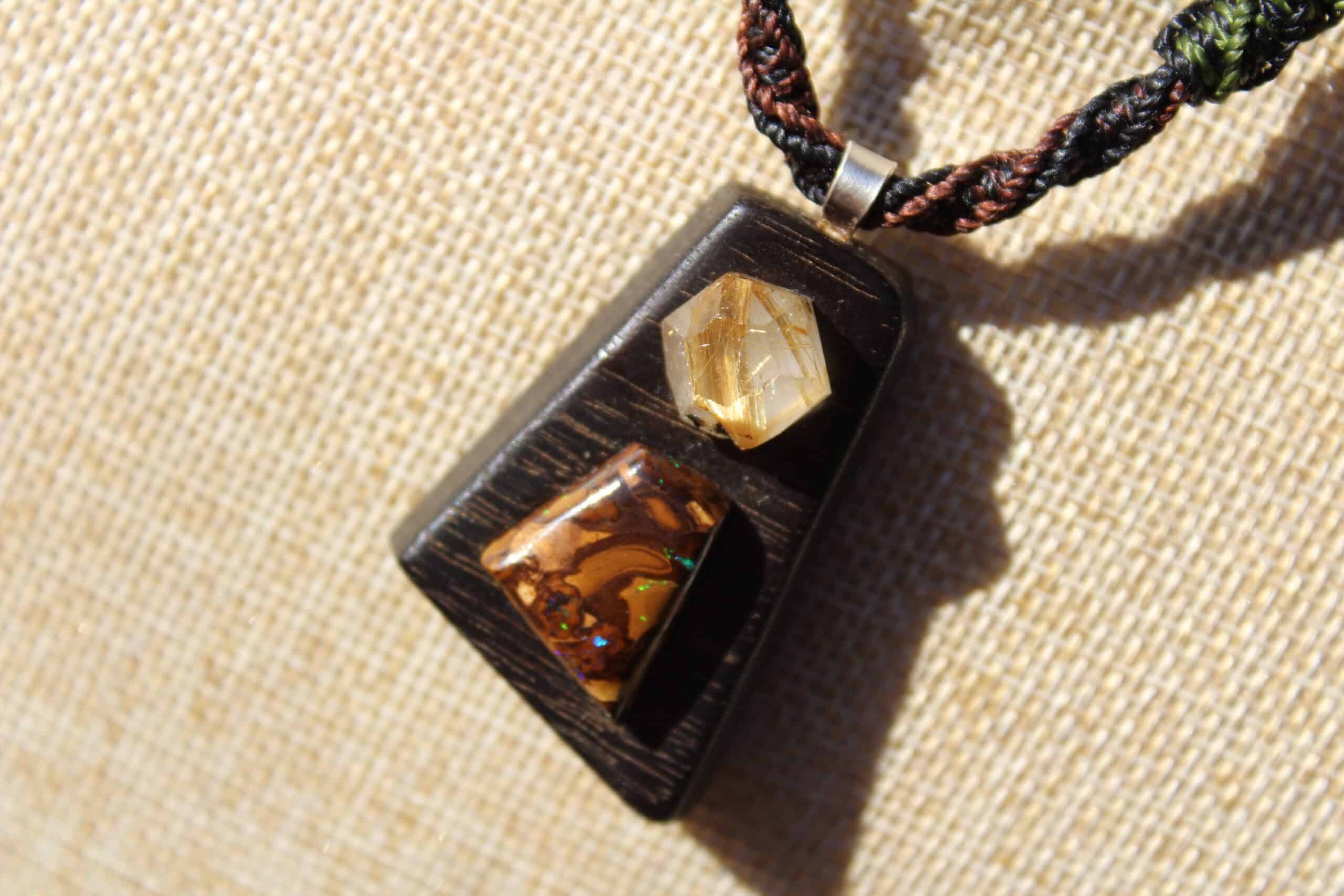 BOULDER OPAL and GOLD Rutile wood pendant, ,Red Cedar Wood,Macrame cord,October BirthStone, Australian made macrame cord, statement jewelry - Image 9