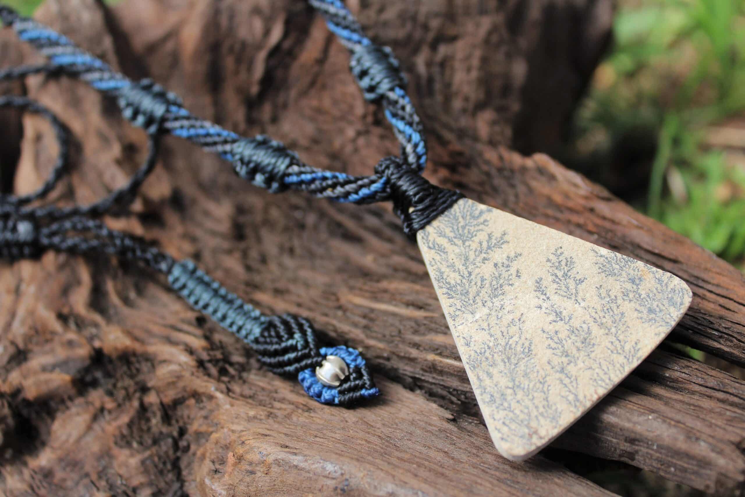 Dendritic Agate and Psilomelane Agate Tree Stone Pendant, Exquisite Handcrafted Tree of Life Necklace, Artisan Macrame Statement Jewelry - Image 3