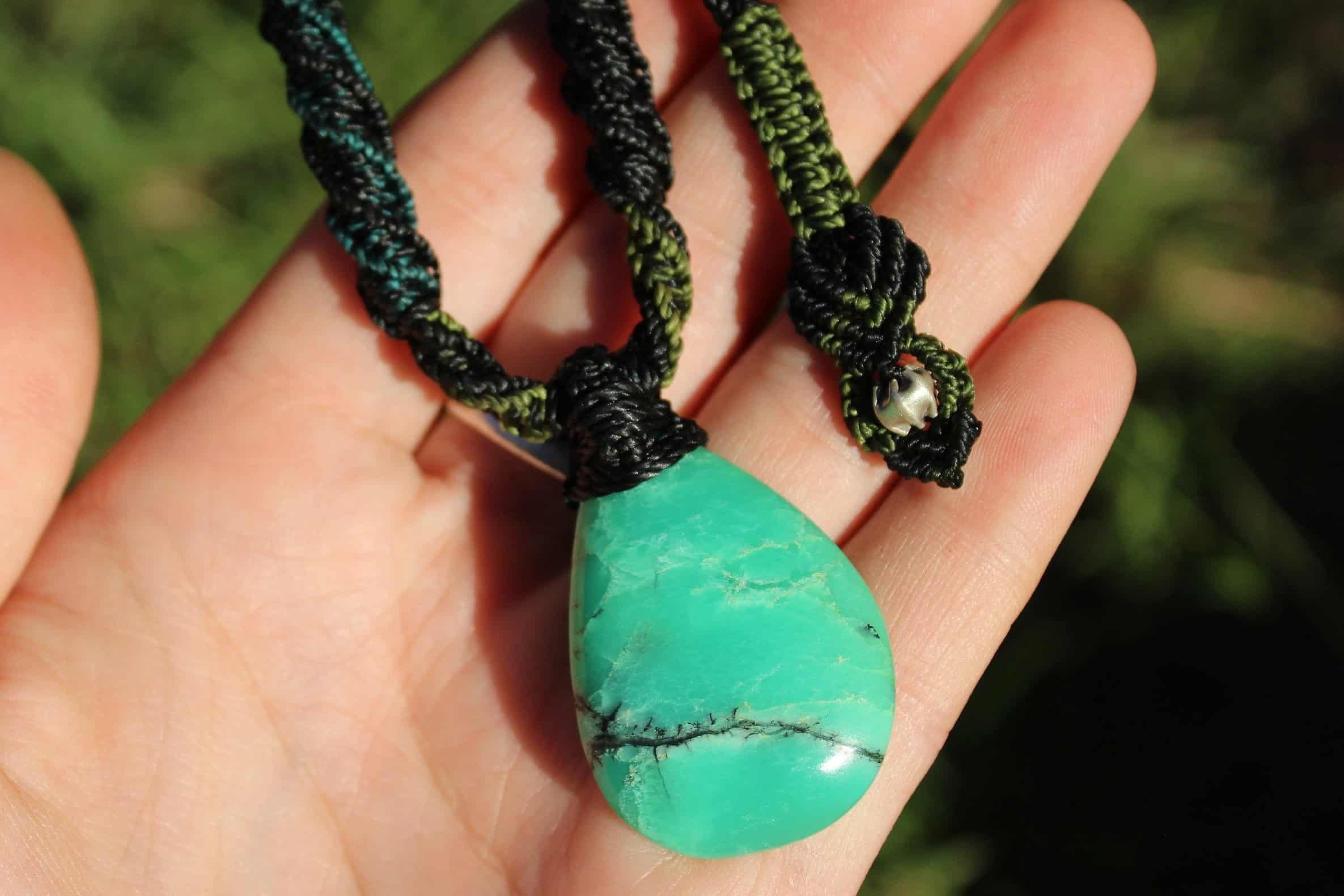 Australian Dendritic Chrysoprase Quartz Pendant Necklace, Australian made Macrame cord, june birthstone, australian natural green stone - Image 2