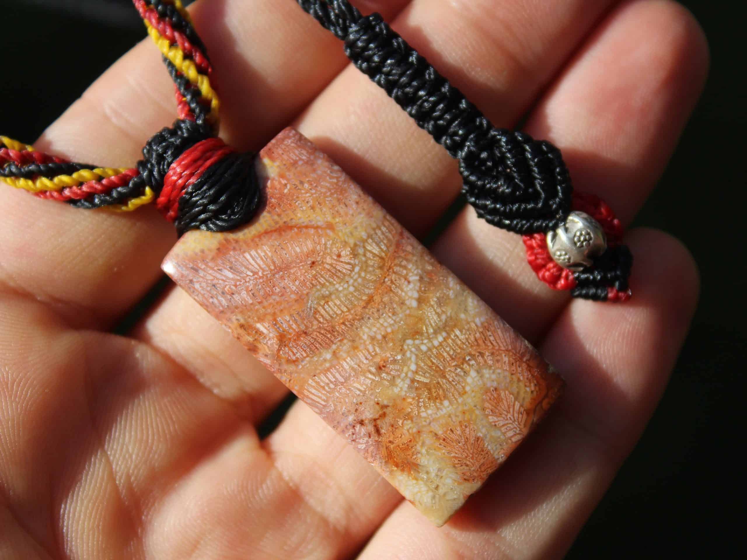 Indigenous CORAL FOSSIL Pendant crystal Necklace, Ancient Gemstone Jewelry, Australian Made Macrame Cord, Aboriginal colours Talisman - Image 2