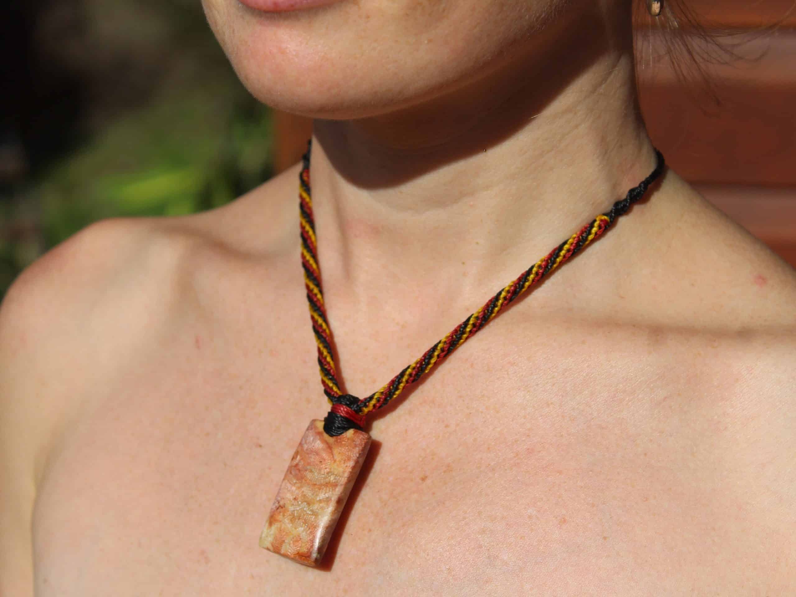 Indigenous CORAL FOSSIL Pendant crystal Necklace, Ancient Gemstone Jewelry, Australian Made Macrame Cord, Aboriginal colours Talisman